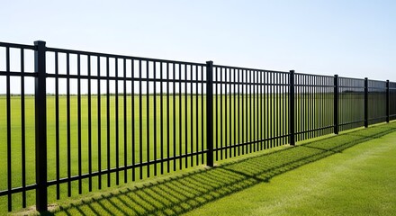 Black metal fence with green grass and clear blue sky concept for property boundary and security in residential or commercial area