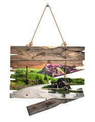Rustic Landscape Art on Wooden Planks - Serene River and Mountain View.