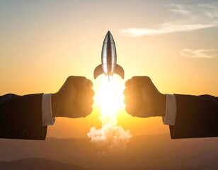 Rocket Launch Success - Businessmen Celebrate Startup Achievement at Sunset.