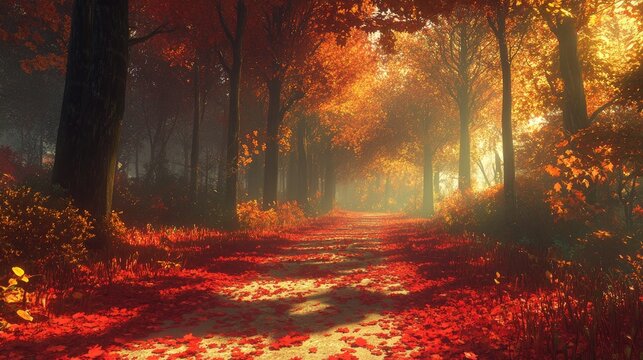 Sunlit forest path covered in vibrant red and orange autumn leaves
