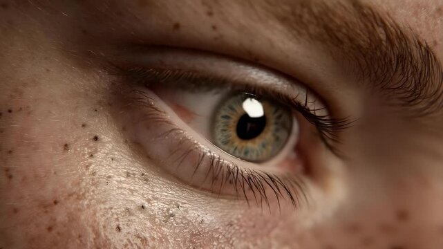 Close-up of a brown eye with long lashes and freckled skin around the eye.