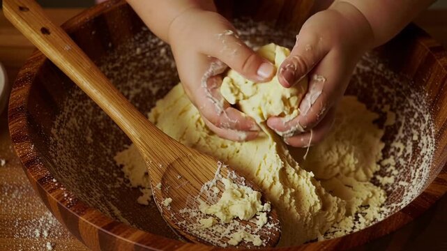Child's messy hands joyfully mixing cookie dough, a fun, engaging, and heartwarming baking moment, perfect for family, food, and childhood memories