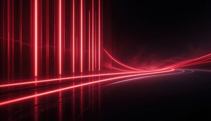 Abstract digital art featuring vertical curved red light beams fading into black, smooth gradient lighting, modern tech vibe.