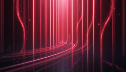 Abstract digital art featuring vertical curved red light beams fading into black, smooth gradient lighting, modern tech vibe.