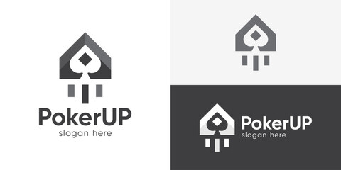 Creative simple poker up logo template. Abstract home arrow up with ace spade symbol for casino startup logo design vector illustration.