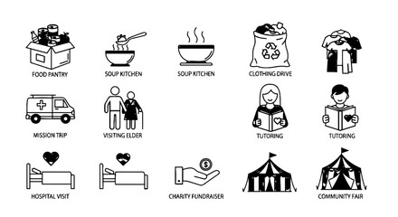 Community Outreach Activities & Volunteer Work: Supporting Local Charities, Food Pantries, Soup Kitchens & Tutoring Programs with Mission Trips & Community Fairs – A Black and White Icon Set Depicting