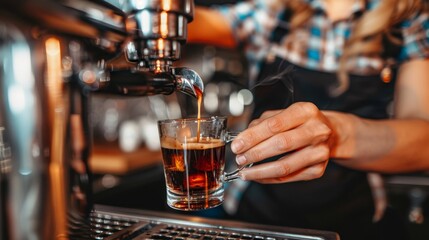 Professional Barista Skillfully Preparing Espresso Coffee Shot into Glass Cup at Coffee Shop Bar
