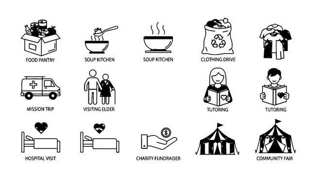Community Outreach Activities & Volunteer Work: Supporting Local Charities, Food Pantries, Soup Kitchens & Tutoring Programs with Mission Trips & Community Fairs – A Black and White Icon Set Depicting