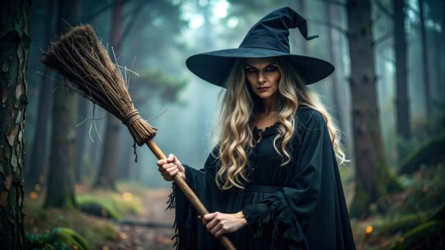A woman in a black witch costume stands in a foggy forest, holding a broom