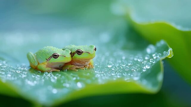 Two green frogs tree frog amphibian wildlife nature animals leaf water drops macro photography closeup dew