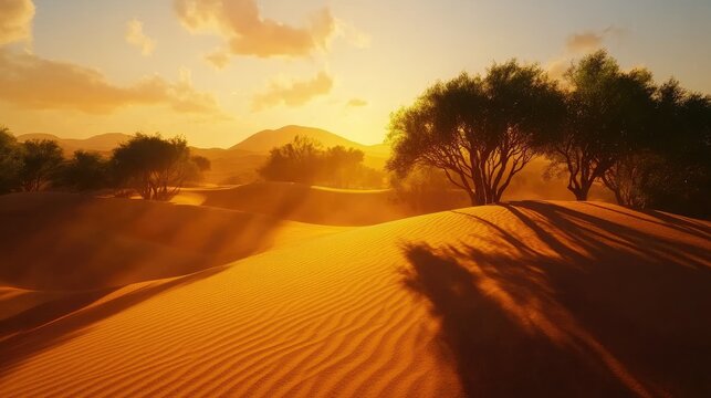 Golden desert dunes at sunset with silhouetted trees and mountains - Powered by Adobe
