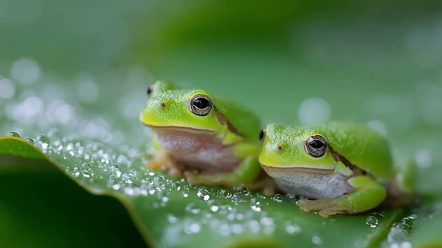 Two green tree frogs sitting on a leaf with water droplets nature amphibians wildlife animals macro photography
