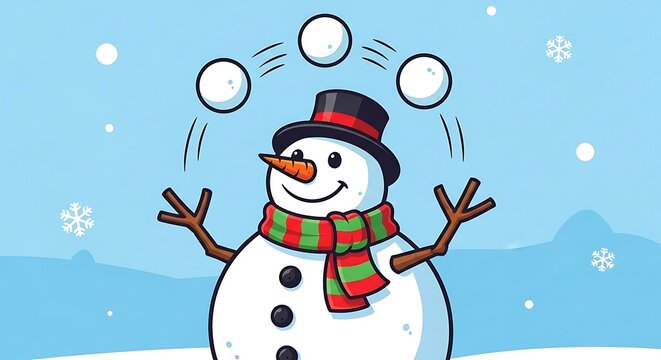 Snowman juggling snowballs in winter scene with snowflakes and mountains.