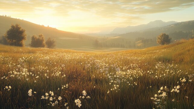 Golden hour sunrise over a misty meadow filled with wildflowers