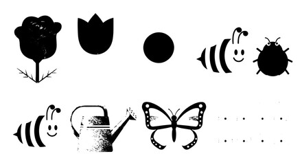 Whimsical Garden Icons Set Illustration: Black and White Vector Graphics Featuring Flowers, Bee, Butterfly, Ladybug, Watering Can for Springtime Designs, Nature Themed Projects, Educational Material,
