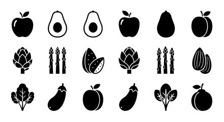 Assortment of Fresh Vegan Fruits and Vegetables Icons Arranged for Healthy Eating Presentation on White Background, Representing Nutrition, Diet, and Organic Agriculture for Wellness Projects, Modern