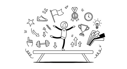Gymnast Balancing on Beam with Achievement Icons:  A Hand-Drawn Stick Figure Athlete Demonstrating  Gymnastics, Representing Success, Goal Achievement, Determination, and Skill Development in Sports,