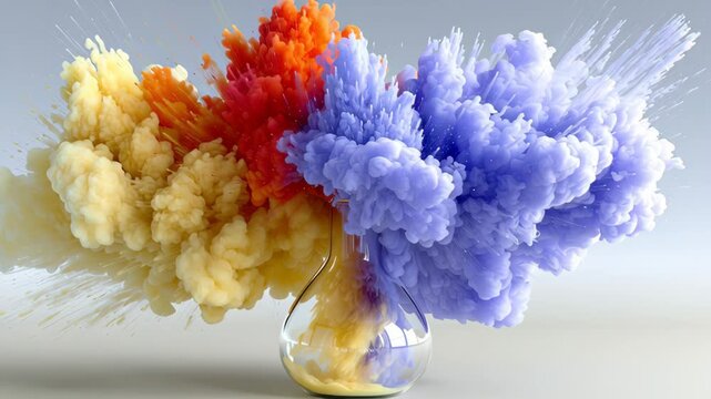 Colorful smoke explosion emanating from a glass flask, showcasing vibrant hues of yellow, orange, and blue, with dynamic motion captured in a series of frames, emphasizing the fluidity of the scene