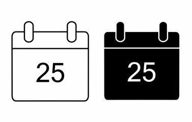 Calendar icon for the 25th outline and solid version isolated on white background