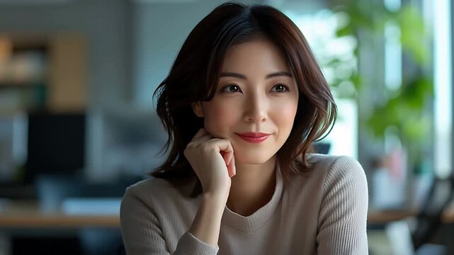 Portrait of asian woman thinking and looking up in office with hand on chin beautiful face and hair