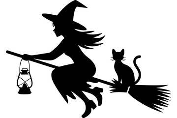 Witch flying on a broomstick with a lantern and a cat