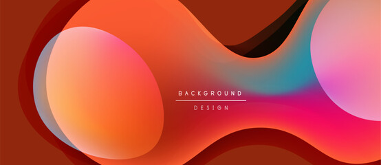 Abstract fluid shapes blend vibrant colors. Gradient transitions create dynamic visual effect. Modern design suitable for backgrounds, presentations.