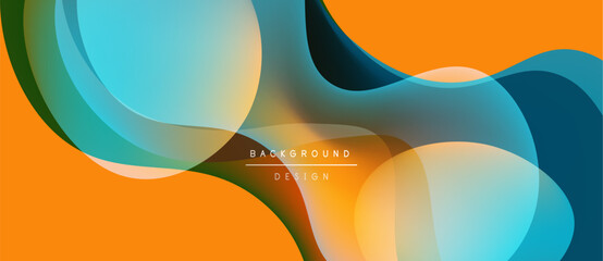 Abstract flowing shapes, vibrant colors. Orange, blue, green blend seamlessly. Modern design, dynamic composition, smooth gradients present.