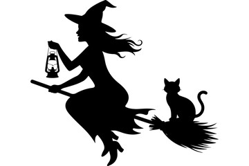 Witch flying on a broomstick with a lantern and a cat
