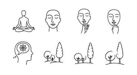 Mindfulness Meditation and Mental Wellness: Conceptual Icons Representing Inner Peace, Silence, and Connection to Nature for Business, Healthcare, and Spiritual Well-being Presentations (Line Art Vect