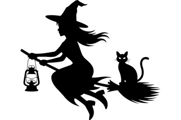 Witch flying on a broomstick with a lantern and a cat