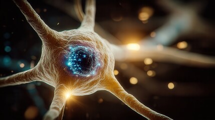 Stunning close up of a vibrant neuron cell firing with glowing energy, representing complex thought and neural networks for medical science.