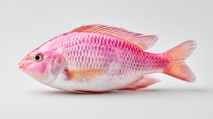 Obraz premium Studio Portrait of a Vibrant Pink Tilapia Fish Against a Clean White Background with Sharp Focus and Subtle Lighting