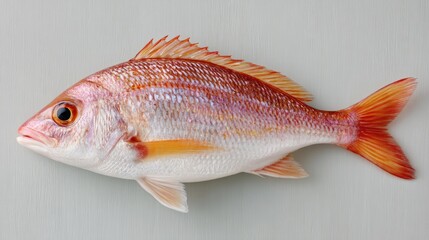 Studio Portrait Of A Whole Raw Red Snapper Fish With Silver And Orange Scales Against A Textured Light Gray Background With Soft Lighting