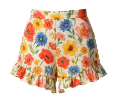 Floral shorts featuring a ruffled hem and side zipper closure.
