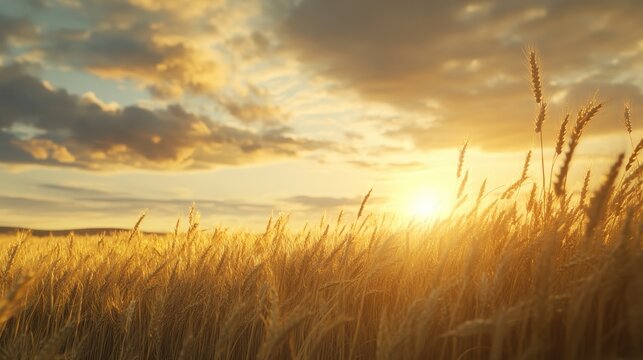Golden wheat field at sunset with dramatic clouds and sun rays