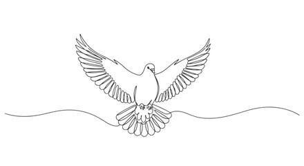 Elegant one continuous line art drawing of a flying dove, symbolizing peace and freedom with minimalist graphic design elements