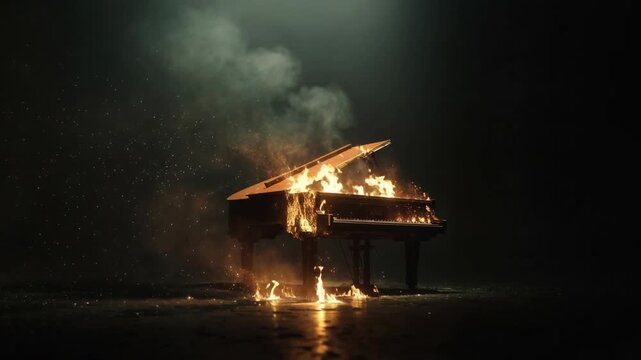 Grand piano engulfed in flames in a dark space, an intense artistic metaphor for passion, catharsis, rebellion, and the raw heat of performance at the edge of destruction