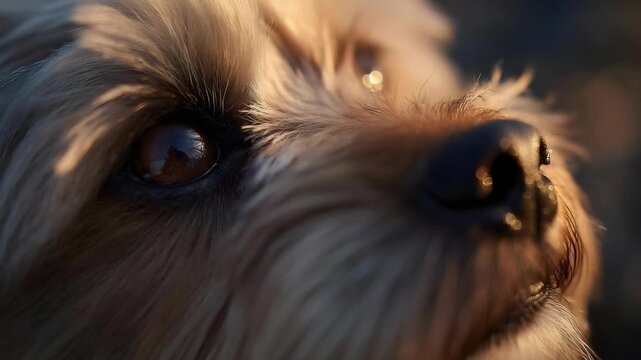 Close-up of a fluffy dog's face, focusing on its eye and nose in warm light.