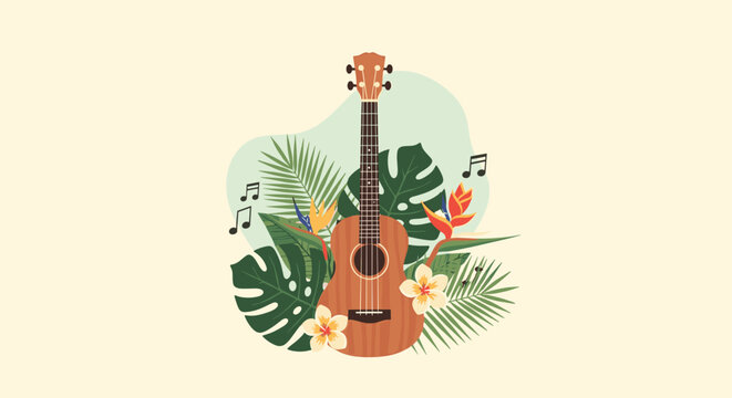 A charming illustration of a ukulele nestled among vibrant tropical foliage and colorful flowers, accompanied by musical notes.