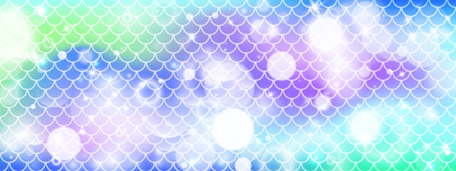 Iridescent mermaid scale pattern background. Pink, purple, cyan fish scales with rainbow gradient, sparkle dots. Vector seamless texture design. Underwater princess backdrop for unicorn cards. © YEVHENIIA