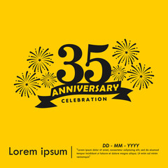 35th years anniversary celebration emblem. anniversary logo isolated with ribbon and fireworks, sparkler on yellow background. vector illustration template design for web