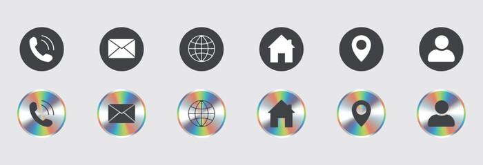 Black Geometric Contact Business Web Icon Buttons Set – Modern Communication Vector Symbols