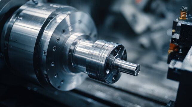 Precision metal part being machined on a lathe in a factory