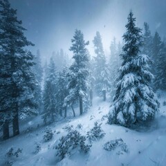 Snowy Forest Majesty Frozen Wilderness Landscape Scenic Winter Wonderland Pine Trees Under Snowfall Foggy Air Nature