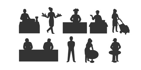 CAD Drawings. Side view of silhouette diverse cafe employees performing different tasks isolated on white background. Vector illustration.