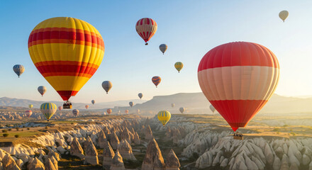 Obraz premium Experience a breathtaking hot air balloon adventure over a surreal landscape 
