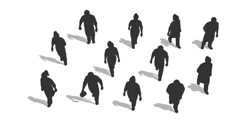 CAD Drawings.Top down view of silhouette cafe staff members engaged in work activities isolated on white background. Vector illustration.