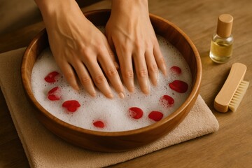 Top view of female hands soaking in a foamy manicure bowl with scattered rose petals; oil bottle and brush on the side. Clean home spa setting for nail care and beauty content.