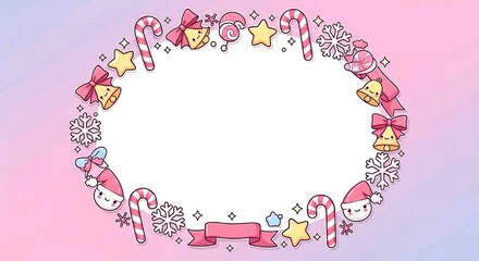 Pastel kawaii Christmas border with cute decorations and pink gradient background