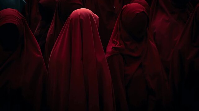 Red robes hooded figures dark mystery crowd crimson cloaks secret society ritualistic gathering group